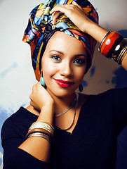 Image showing beauty bright african woman with creative make up, shawl on head