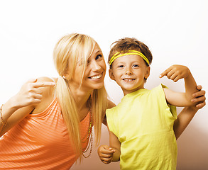 Image showing funny mother and son with bubble gum