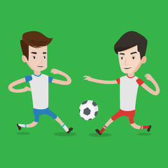 Image showing Two male soccer players fighting for ball.