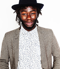 Image showing young handsome afro american boy in stylish hipster hat gesturin