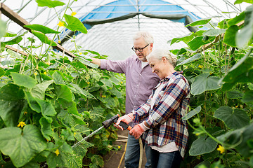 Image showing senior couple with garden hose at farm greenhouse