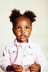 Image showing little cute african american girl playing with animal toys at ho