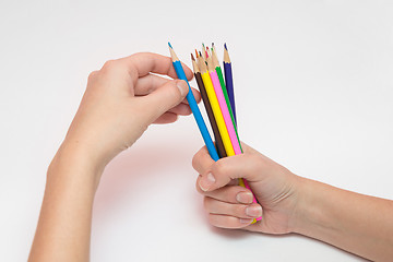 Image showing Female hand holding a fist around a dozen pencils, the other hand selects the desired color