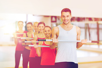 Image showing group of smiling people working out with barbells