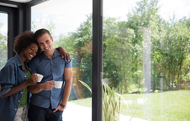 Image showing romantic happy young couple relax at modern home indoors