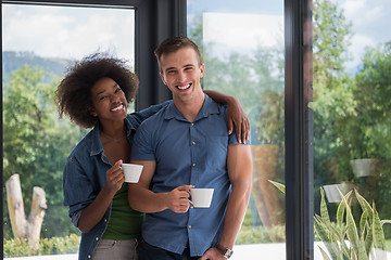 Image showing romantic happy young couple relax at modern home indoors