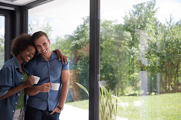 Image showing romantic happy young couple relax at modern home indoors