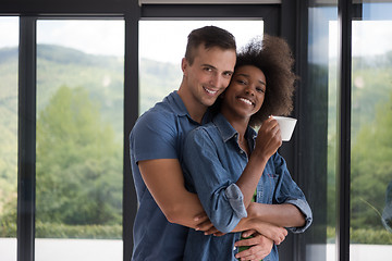 Image showing romantic happy young couple relax at modern home indoors