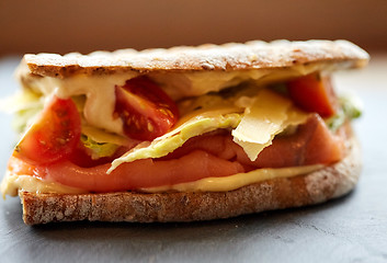 Image showing salmon panini sandwich on stone plate