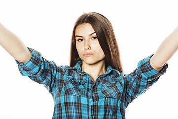 Image showing cute teenage girls making selfie isolated