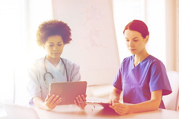 Image showing doctors with tablet pc meeting at hospital