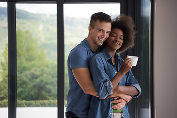 Image showing romantic happy young couple relax at modern home indoors