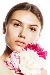 Image showing young beauty woman with flower peony pink closeup makeup soft te