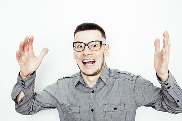 Image showing young handsome well-groomed guy posing emotional on white background, lifestyle people concept 