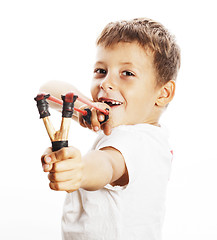 Image showing little cute angry real boy with slingshot isolated