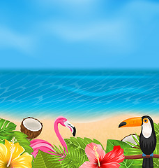 Image showing Exotic Background with Toucan, Pink Flamingo