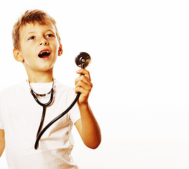 Image showing little cute boy with stethoscope playing like adult profession d