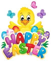 Image showing Happy Easter sign with chicken and eggs