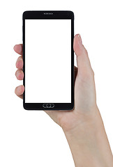 Image showing Female Hand Holding Smart Phone with Blank Screen on White