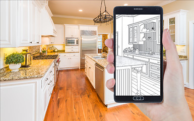 Image showing Hand Holding Smart Phone Displaying Drawing of Kitchen Photo Beh