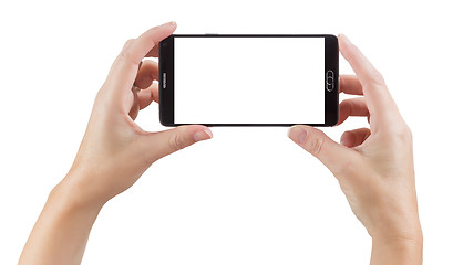 Image showing Female Hands Holding Smart Phone with Blank Screen on White