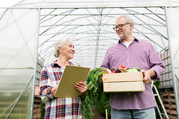 Image showing senior couple with box of vegetables on farm