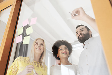 Image showing happy creative team writing on stickers at office