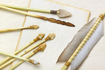 Image showing Primitive hunting and fishing arrows with flint stone, wood and 