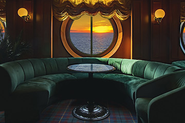 Image showing Lounge on a cruise ship, with tables and armchair in the sunset