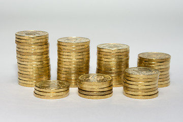 Image showing Seven columns of coins Russian ten-coin set in two rows showing the growth of savings