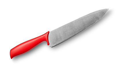 Image showing Big kitchen knife with red handle