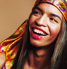 Image showing beauty young happy afro american woman in shawl on head