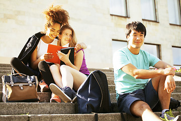 Image showing portrait of international group of students close up smiling, bl