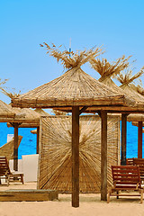 Image showing Beach Umbrellas and Lounge Chairs