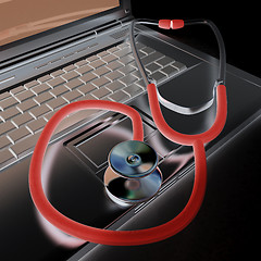 Image showing silver laptop diagnosis with stethoscope. 3D illustration