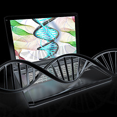 Image showing Laptop with dna medical model background on laptop screen. 3d il