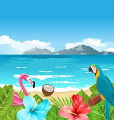 Image showing Exotic Wallpaper with Parrot Ara, Pink Flamingo