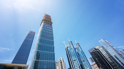 Image showing Large skyscrapers under blue sky