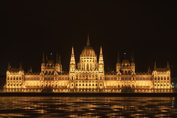 Image showing Parliament at nighttime with icy Danube