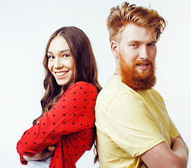 Image showing young attractive couple together having fun happy smiling isolated on white background, emotional posing, lifestyle people concept 