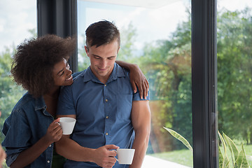 Image showing romantic happy young couple relax at modern home indoors