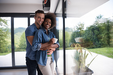 Image showing romantic happy young couple relax at modern home indoors