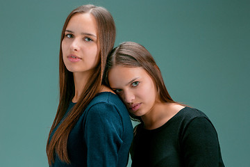 Image showing Portrait of two beautiful twin young women