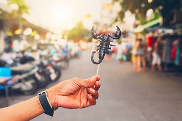 Image showing Thai vendor showing roasted scorpio