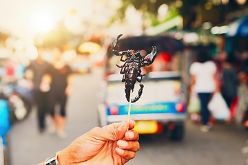 Image showing Thai vendor showing roasted scorpio