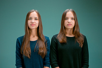 Image showing Portrait of two beautiful twin young women