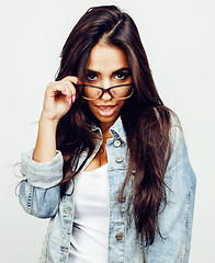 Image showing young happy smiling latin american teenage girl emotional posing on white background, lifestyle people concept 