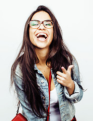 Image showing young happy smiling latin american teenage girl emotional posing on white background, lifestyle people concept 