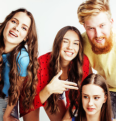 Image showing company of hipster guys, bearded red hair boy and girls students having fun together friends, diverse fashion style, lifestyle people concept isolated on white background