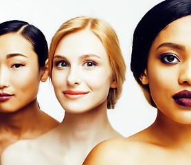 Image showing three different nation woman: asian, african-american, caucasian together isolated on white background happy smiling, diverse type on skin, lifestyle people concept 